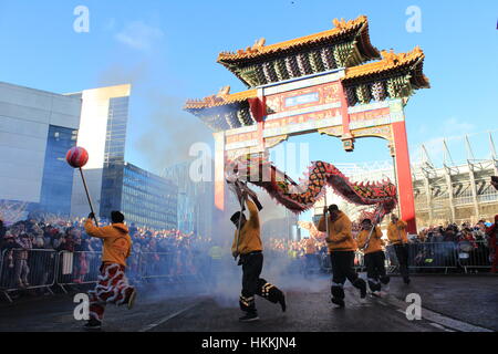 Newcastle, UK. 29. Januar 2017. Feiern für das Jahr des Hahnes in China Town Credit: David Whinham/Alamy Live-Nachrichten Stockfoto