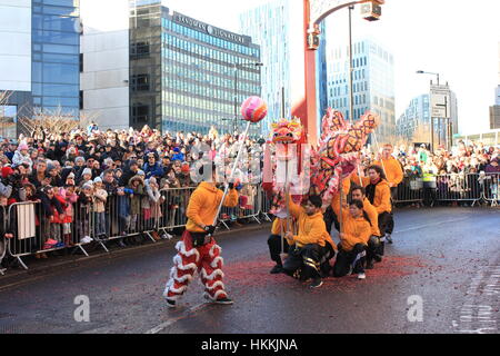 Newcastle, UK. 29. Januar 2017. Feiern für das Jahr des Hahnes in China Town Credit: David Whinham/Alamy Live-Nachrichten Stockfoto