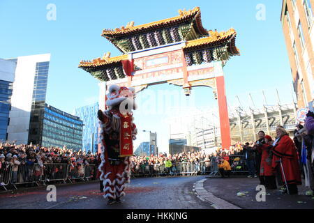 Newcastle, UK. 29. Januar 2017. Feiern für das Jahr des Hahnes in China Town Credit: David Whinham/Alamy Live-Nachrichten Stockfoto