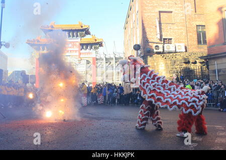 Newcastle, UK. 29. Januar 2017. Feiern für das Jahr des Hahnes in China Town Credit: David Whinham/Alamy Live-Nachrichten Stockfoto