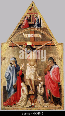 Dieses Gemälde von Antonio da Firenze zeigt die Kreuzigung Christi, ein zentrales Thema der christlichen Kunst. Am Fuße des Kreuzes befinden sich die Jungfrau Maria und der Evangelist Johannes. Der Künstler verwendet lebendige Farben und präzise Details, um die emotionale Intensität der Szene darzustellen. Stockfoto