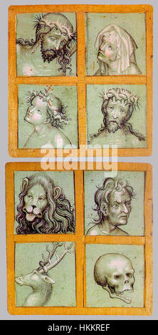 Dieses komplizierte Kunstwerk eines unbekannten Künstlers zeigt mehrere religiöse und symbolische Figuren: Die Jungfrau, zwei Häupter Christi, einen Engel, einen Dieb, einen Löwen, einen Schädel, und einen Hirsch. Die Komposition verbindet christliche Ikonographie mit allegorischen Elementen und zeigt die symbolische Vision des Künstlers. Stockfoto