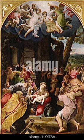 Die „Anbetung der Hirten“ von Bedoli Parma ist ein klassisches Renaissance-Gemälde, das die Krippe darstellt, in der Hirten in Ehrfurcht vor dem neugeborenen Jesus knien. Das Kunstwerk fängt den göttlichen Moment der Geburt Christi mit komplizierten Details und satten Farben ein und zeigt die Kunst des Künstlers in der Darstellung heiliger Themen. Stockfoto