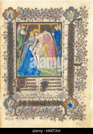 Diese beleuchtete Manuskriptseite aus der *Belle Heures du duc de Berry* zeigt die *Descente de Croix* (Abstieg vom Kreuz), eine zentrale Szene der christlichen Kunst. Die lebendigen Farben und die komplizierten Details veranschaulichen die Eleganz der französischen Handschriftenbeleuchtung aus dem frühen 15. Jahrhundert, die die hingebungsvolle und künstlerische Bedeutung dieser Zeit verdeutlicht. Stockfoto