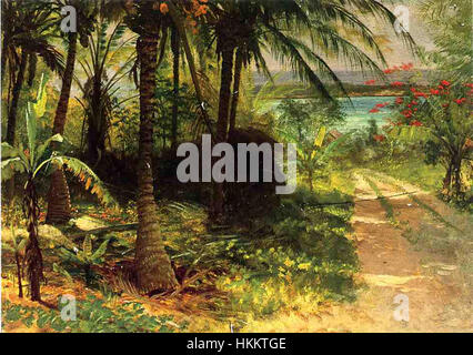 Albert Bierstadts „tropische Landschaft“ ist eine lebendige Darstellung üppiger tropischer Umgebungen und zeigt die Fähigkeit des Künstlers, die Lebendigkeit der Natur einzufangen, und seine Verwendung von Licht und Schatten, um dramatische und immersive Landschaften zu erschaffen. Stockfoto