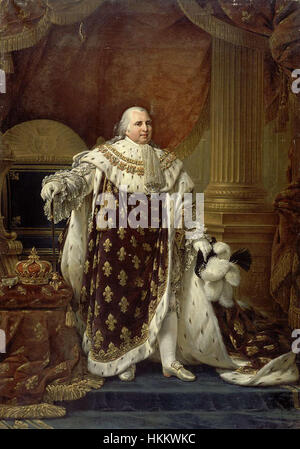Dieses Kunstwerk zeigt König Ludwig XVIII. In königlichen Gewändern gekleidet und unterstreicht die Größe und zeremonielle Kleidung der französischen Monarchie während seiner Regierungszeit im frühen 19. Jahrhundert. Stockfoto