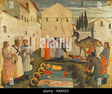 Dieses Kunstwerk von Fra Angelico zeigt die Predella (untere Tafel) des San Marco Altars, die das Begräbnis der Heiligen Cosmas und Damian veranschaulicht. Es beleuchtet die detaillierte Darstellung religiöser Figuren und seine Beherrschung der Techniken der Frührenaissance. Stockfoto