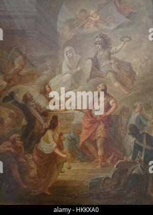 Dieses Ölgemälde mit dem Titel „Serment Louis XVI 1790“ fängt den Moment ein, als König Ludwig XVI. 1790 der französischen Verfassung Treue geschworen hat. Das Gemälde erinnert an ein bedeutendes Ereignis in der französischen Geschichte und markiert einen wichtigen Moment während der Französischen Revolution. Stockfoto