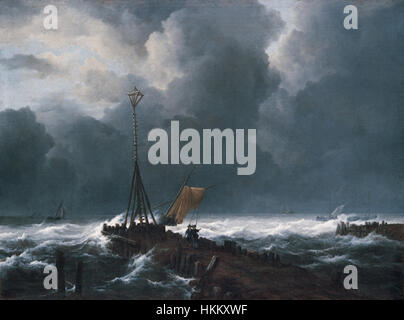 Jacob van Ruisdaels „Rough Sea at a Jetty“ aus den 1650er Jahren fängt eine dramatische Meereslandschaft mit turbulenten Wellen ein, die gegen einen Steg stürzen. Das Ölgemälde ist ein Paradebeispiel der niederländischen Barocklandschaftskunst, bekannt für ihren lebendigen Realismus und atmosphärische Effekte. Stockfoto