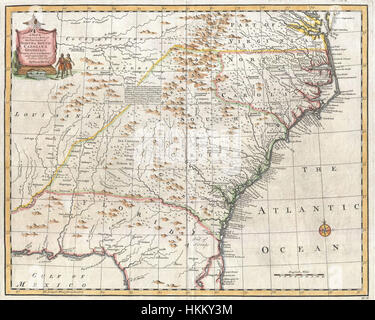 Diese Karte von Bowen aus dem Jahr 1747 bietet eine detaillierte Ansicht des Südostens der Vereinigten Staaten und deckt die Regionen Carolina, Georgia und Florida ab. Die Karte ist ein bedeutendes historisches Dokument, das Einblicke in die frühe amerikanische Kartographie und die geographischen Merkmale dieser Zeit bietet. Stockfoto