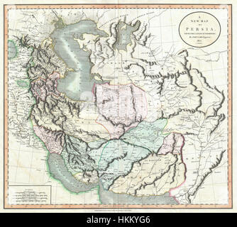 Diese Karte von Cary aus dem Jahr 1801 zeigt Persien und deckt den heutigen Iran, den Irak und Afghanistan ab. Die Karte bietet Einblicke in das geographische Verständnis der Region zu dieser Zeit. Stockfoto