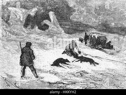 „The Field of Ice“ von Riou und Montaut fängt eine dramatische Szene der rauen Kraft der Natur ein. Das Gemälde zeigt eine eisige Landschaft, die durch Ölmalerei in lebendiger Darstellung auf die Elemente von Kälte und Isolation aufmerksam macht. Stockfoto