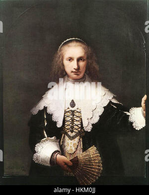 Rembrandt van Rijns Porträt von Agatha Bas aus dem Jahr 1641 zeigt seine Beherrschung von Licht und Schatten. Rembrandt ist bekannt für seine emotionale Tiefe, fängt Bas mit bemerkenswertem Realismus ein und unterstreicht die Textur und Wärme der Kleidung und die Tiefe ihres Charakters in diesem barocken Porträt. Stockfoto