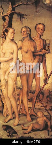 "Die drei Zeitalter von Frau und Tod" von Hans Baldung Grien, um 1540. Dieses Gemälde beschäftigt sich mit Themen des Alterns und der Sterblichkeit und zeigt eine Frau in verschiedenen Lebensstadien, begleitet vom Tod. Stockfoto