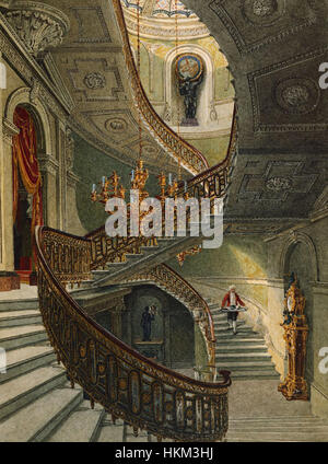 Ein Gemälde von Charles Wild aus dem Jahr 1819, das die Grand Staircase des Carlton House, einer ehemaligen Residenz des Prinzen von Wales, darstellt. Das Gemälde spiegelt die Pracht und architektonische Eleganz der Regency-Ära in England wider. Stockfoto