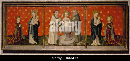 Dieses Kunstwerk aus Deutschland zeigt Szenen aus dem Leben der Heiligen Katharina von Alexandria. Es ist ein klassisches Beispiel für religiöse Kunst aus dem Mittelalter und konzentriert sich auf wichtige Momente im Leben des heiligen. Stockfoto