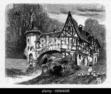 Bensheim Rheintor 1875 ist ein historisches Gemälde, das das Rheintor-Tor in Bensheim darstellt. Das Kunstwerk zeigt die architektonische Schönheit und Bedeutung dieses Wahrzeichens im Deutschland des 19. Jahrhunderts. Stockfoto