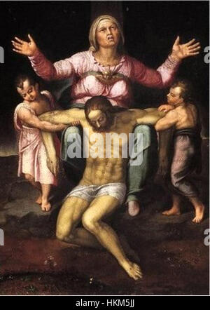 Eine mögliche Darstellung von „La Pieta“ von Michelangelo, die die Jungfrau Maria zeigt, die den Leib Christi hält. Die Skulptur, die vermutlich um 1545 entstanden ist, ist eine ikonische Darstellung von Trauer und Opfern in der Renaissance-Kunst. Stockfoto