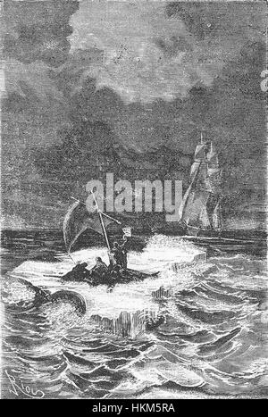 „The Field of Ice“ von Riou und Montaut zeigt eine dramatische Szene in den gefrorenen Landschaften, die möglicherweise die raue Realität eisgebundener Umgebungen widerspiegelt. Dieses Kunstwerk fängt das Wesen des Überlebens und die gewaltigen Herausforderungen in extremer Kälte ein. Stockfoto