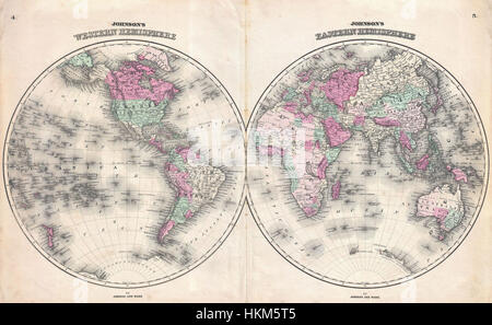 1862 Johnson Weltkarte am Hemisphäre Projektion - Geographicus - WorldHemi-Johnson-1862 Stockfoto