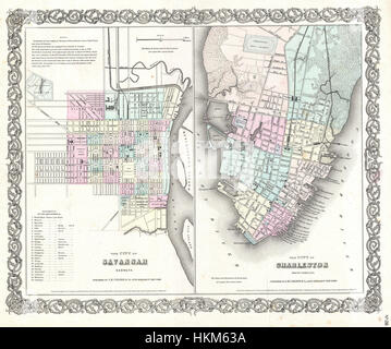 Diese Karte aus dem Jahr 1855 mit dem Titel *Colton Plan of Charleston and Savannah* zeigt die beiden prominenten Städte im Südosten der Vereinigten Staaten. Die von Colton erstellte Karte zeigt die Geographie, die Straßen und wichtige Wahrzeichen von Charleston, South Carolina, und Savannah, Georgia, zu einer kritischen Zeit in der amerikanischen Geschichte. Es dient sowohl als geografisches als auch als historisches Dokument, das die Entwicklung der Region in der Mitte des 19. Jahrhunderts beleuchtet. Stockfoto