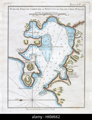 Eine Karte von Jacques-Nicolas Bellin aus dem Jahr 1764, die Port du Carenage in St. Lucia, einem Teil der Westindischen Inseln, darstellt. Die detaillierte Karte bietet Navigationsinformationen und historische Perspektiven auf die koloniale maritime Geographie. Stockfoto
