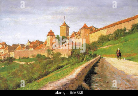 *Mury obronne* (Verteidigungsmauern), gemalt von Aleksander Gierymski im Jahr 1895, stellt die imposante Architektur mittelalterlicher Befestigungen dar. Gierymskis Stil zeichnet sich durch seine Liebe zum architektonischen Detail und die atmosphärischen Effekte des Lichts aus, die charakteristisch für sein Werk innerhalb der polnischen Realismustradition sind. Stockfoto