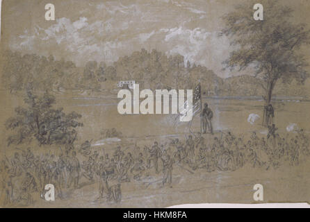 Die *Schlacht von Shepherdstown*, die vom 19. Bis 20. September 1862 ausgetragen wurde, war eine der letzten Engagements der Antietam-Kampagne im Amerikanischen Bürgerkrieg. Dieses Kunstwerk fängt die Intensität der Schlacht ein, bei der konföderierte Truppen in der Nähe von Shepherdstown (West Virginia) mit Unionstruppen zusammenstießen. Stockfoto