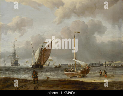 Dieses Gemälde von Abraham Storck zeigt Fischerboote, die in einem Sturm vor der Küste von den Helder in den Niederlanden gefangen wurden. Storck fängt das intensive Drama des Meeres ein und betont die Unruhen der Natur und den Mut der Fischer. Stockfoto