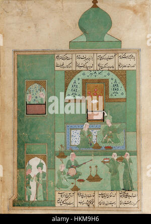 *Bahram Gur im türkisblauen Pavillon* ist eine Illustration aus dem *Khamsa* Manuskript. Es zeigt den persischen König Bahram Gur, der für seine Jagdkünste berühmt ist, in einem kunstvollen Pavillon mit lebhaften Farben und komplizierten Details, die typisch für persische Miniaturen sind. Stockfoto