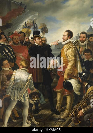 Dieses Gemälde von Cornelis Kruseman aus dem 19. Jahrhundert zeigt den Moment, in dem Philipp II. Von Spanien Wilhelm den Schweigen, Prinz von Orange, beschimpfte. Das Kunstwerk fängt die Spannungen zwischen den beiden Figuren während der niederländischen Revolte ein, einem wichtigen Moment in der europäischen Geschichte. Stockfoto