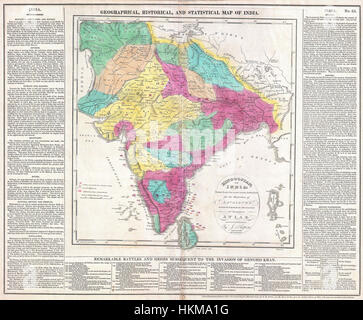 Die Carey Map of India von 1821 ist ein detailliertes kartographisches Werk aus dem frühen 19. Jahrhundert, das die Geographie, politische Spaltungen und Naturmerkmale des indischen Subkontinents zu dieser Zeit darstellt. Diese Karte, die von Matthew Carey erstellt wurde, zeigt die komplizierte Topographie und die historischen territorialen Grenzen. Stockfoto