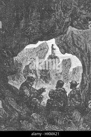 Ein Gemälde mit dem Titel *das Feld des Eises*, geschaffen von Riou und Montaut im späten 19. Jahrhundert. Das Kunstwerk zeigt eine dramatische Eisfeldeszene mit Schwerpunkt auf der rauen, kalten Umgebung und den Figuren darin. Stockfoto