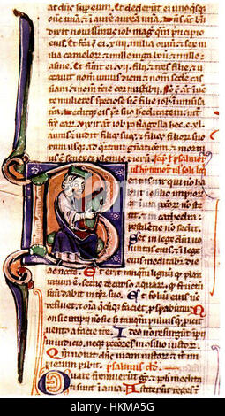 Dieses beleuchtete Manuskript aus dem 13. Jahrhundert, Teil einer französischen Bibel, zeigt detaillierte Illustrationen und eine kunstvolle Schrift. Das Kunstwerk spiegelt die religiösen und künstlerischen Stile dieser Zeit wider und zeigt biblische Szenen. Stockfoto