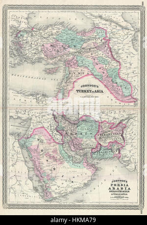 Diese Karte von Johnson aus dem Jahr 1870 zeigt das geografische Layout der Türkei, Persiens (Iran), Arabiens, des Irak und Afghanistans. Es gibt einen historischen Blick auf die politischen und territorialen Unterschiede dieser Regionen im späten 19. Jahrhundert. Stockfoto