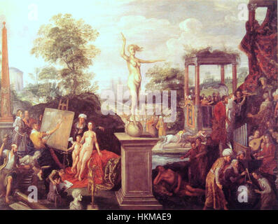 Die Allegorie de l'event, gemalt von Frans II. Francken im Jahr 1628, stellt eine allegorische Figur dar, die die Gelegenheit darstellt, ein beliebtes Thema in der Barockkunst. Dieses Ölgemälde verwendet symbolische Bilder, um Themen des Timings und des Schicksals zu vermitteln, die typisch für die intellektuellen und künstlerischen Strömungen dieser Zeit sind. Stockfoto