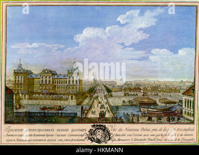 Die Anichkov-Brücke und der Fluss Fontanka sind Wahrzeichen in St. Petersburg, Russland. Dieses Gemälde fängt die Schönheit dieser historischen Strukturen ein und zeigt die Expertise des Künstlers in der Erfassung von Stadtlandschaften. Stockfoto