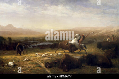 „The Last of the Buffalo“ von Albert Bierstadt, die eine dramatische Szene einer Büffelherde im amerikanischen Westen darstellt und die Weite der Landschaft und den Rückgang der Büffelpopulation im 19. Jahrhundert betont. Stockfoto