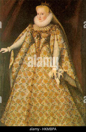 Dieses Kunstwerk zeigt Maria Christina von Österreich (1574–1621), eine einflussreiche Erzherzogin von Österreich und Tochter Kaiser Maximilians II. Das Gemälde zeigt die Aufmerksamkeit der Künstlerin für historische Details und königliche Kleidung und spiegelt die Bedeutung der Habsburgerdynastie während ihrer Herrschaft wider. Stockfoto