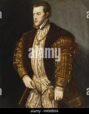 Dieses königliche Porträt von König Philipp II. Von Spanien, dargestellt in einem goldgestickten Kostüm, zeigt seine königliche Autorität und sein Ansehen. Das Gemälde hebt den Orden des Königs vom Goldenen Vlies hervor, ein Symbol ritterlicher Ehre. Stockfoto