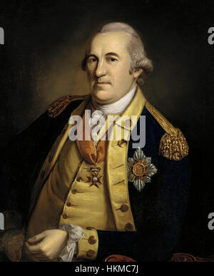 Ein Porträt des Freiherrn Friedrich von Steuben, gemalt von Charles Willson Peale im Jahre 1780. Steuben war ein preußischer Offizier, der während des Amerikanischen Unabhängigkeitskrieges bei der Ausbildung der Kontinentalarmee mitwirkte. Das Gemälde fängt seine prägende Präsenz und bedeutende Rolle in der amerikanischen Geschichte ein. Stockfoto