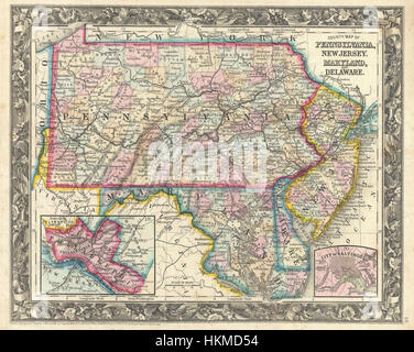 1863 Mitchell-Karte von Pennsylvania, New Jersey, Delaware und Maryland - Geographicus - PNNJMD-Mitchell-1863 Stockfoto