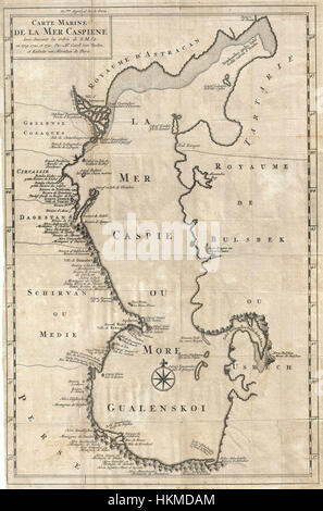 Diese Karte von Van Verden aus dem Jahr 1730 bietet eine detaillierte Darstellung des Kaspischen Meeres und zeigt die Geographie und die Schifffahrtsrouten der Region im 18. Jahrhundert. Sie bietet wertvolle Einblicke in die historische Kartographie und die frühe Erkundung der Gegend. Stockfoto