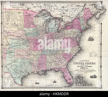 Diese Colton Pocket Map von 1862 bietet eine detaillierte Ansicht des Landes während des Bürgerkriegs. Sie zeigt wichtige Gebiete, Schlachtfronten und logistische Routen auf und bietet eine Momentaufnahme der politischen und militärischen Landschaft zu einem entscheidenden Moment in der amerikanischen Geschichte. Stockfoto