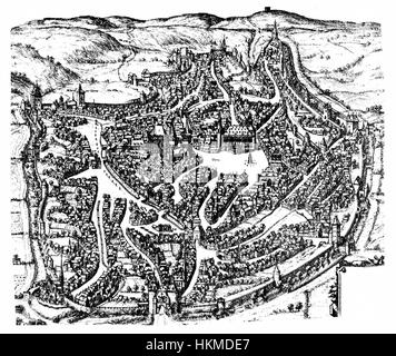 Eine Karte aus der Serie Aachen-Braun-Hogenberg aus dem Jahr 1572, die einen detaillierten Blick auf eine europäische Stadt zeigt. Die Karte spiegelt die Kartografie aus dem 16. Jahrhundert wider und zeigt die architektonische und städtische Landschaft dieser Zeit. Stockfoto