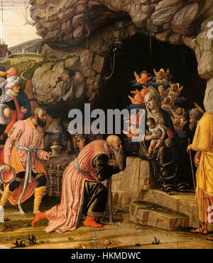 Der detaillierte Abschnitt aus Andrea Mantegnas „die Anbetung der Könige“ zeigt die drei Weisen, die dem Jesuskind Geschenke überreichen. Mantegnas perspektivische und klassische Technik unterstreicht die Ehrfurcht und die Hochmut der Szene. Stockfoto