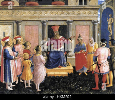 Dieses Kunstwerk von Fra Angelico ist Teil der Predella des San Marco Altars. Es zeigt die Heiligen Cosmas und Damian vor Lisius und hebt ihre religiöse Bedeutung in der Kunst der Frührenaissance hervor. Angelico verwendet Farben und Details, um seine Hingabe an religiöse Themen zu widerspiegeln. Stockfoto