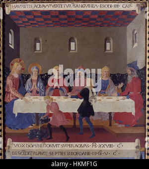 Das „Armadio degli Argenti“ zeigt die Hochzeit in Kana, ein Ereignis aus der Bibel, bei dem Jesus sein erstes Wunder vollbrachte. Das Gemälde, das oft mit der italienischen Renaissance-Kunst assoziiert wird, fängt den Moment mit reichen Details und historischer Tiefe ein. Stockfoto