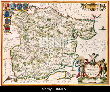 Diese Karte mit dem Titel „Essexiae Descriptio“ aus dem Atlas Van der Hagen beschreibt die historische Geographie von Essex und veranschaulicht wichtige Orte und die Landschaft der Gegend. Stockfoto