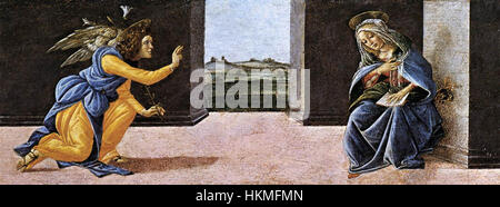 *Die Verkündigung* von Sandro Botticelli, gemalt zwischen 1489 und 1490, stellt die biblische Verkündigung an die Jungfrau Maria dar. Die Komposition spiegelt die idealisierte Schönheit der Renaissance wider, mit einer harmonischen Nutzung von Raum, Farbe und Proportion. Stockfoto